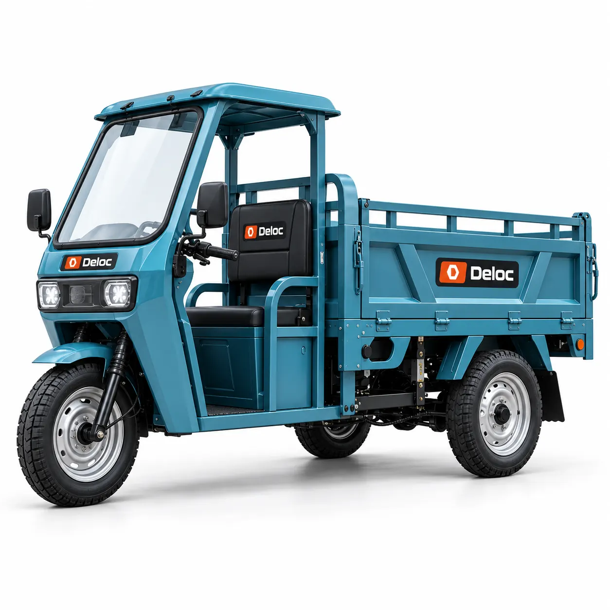 Electric Cargo Tricycle, teal-blue three-wheeler with open cargo bed, front three-quarter view