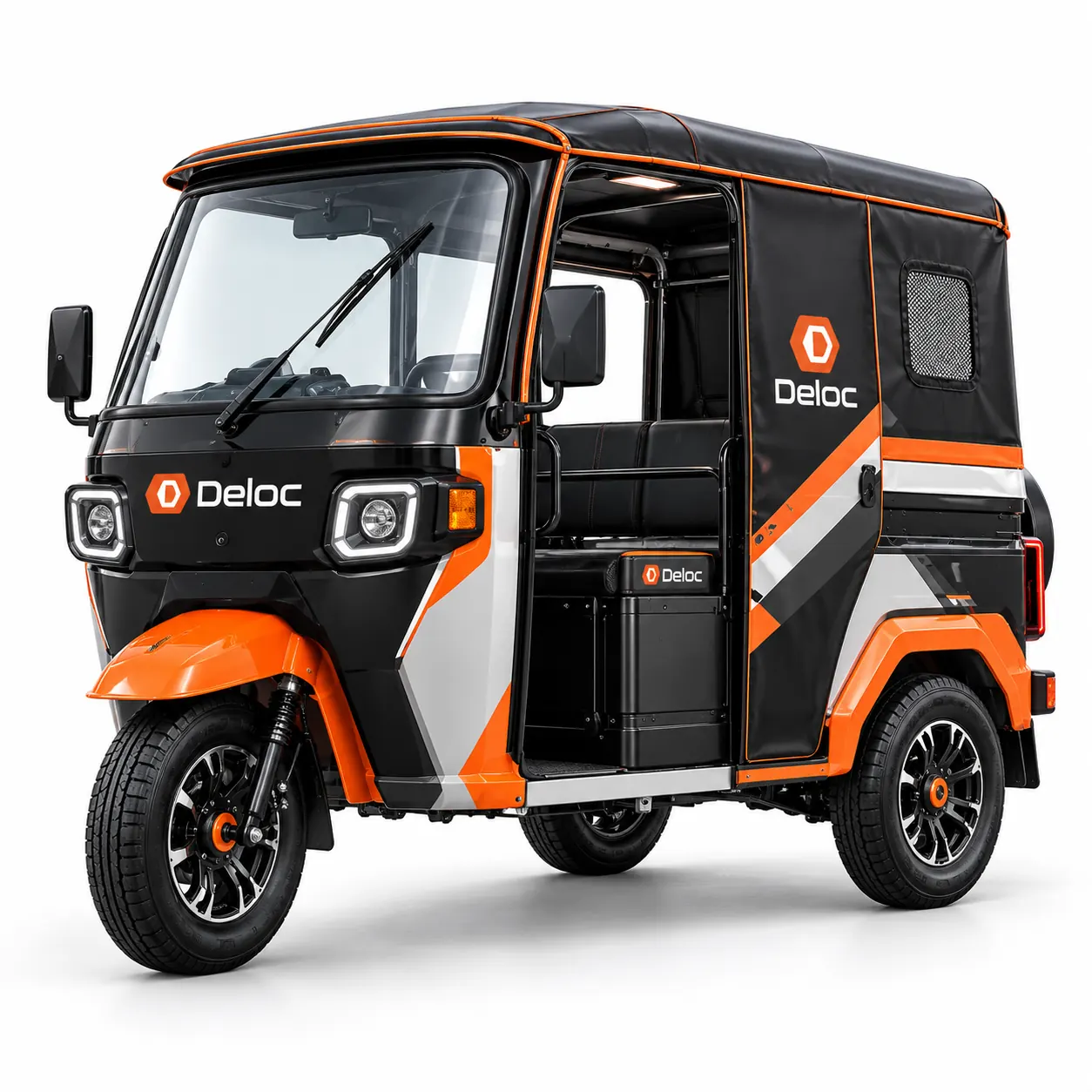 Electric Tuk-Tuk, orange and black passenger three-wheeler, front three-quarter view